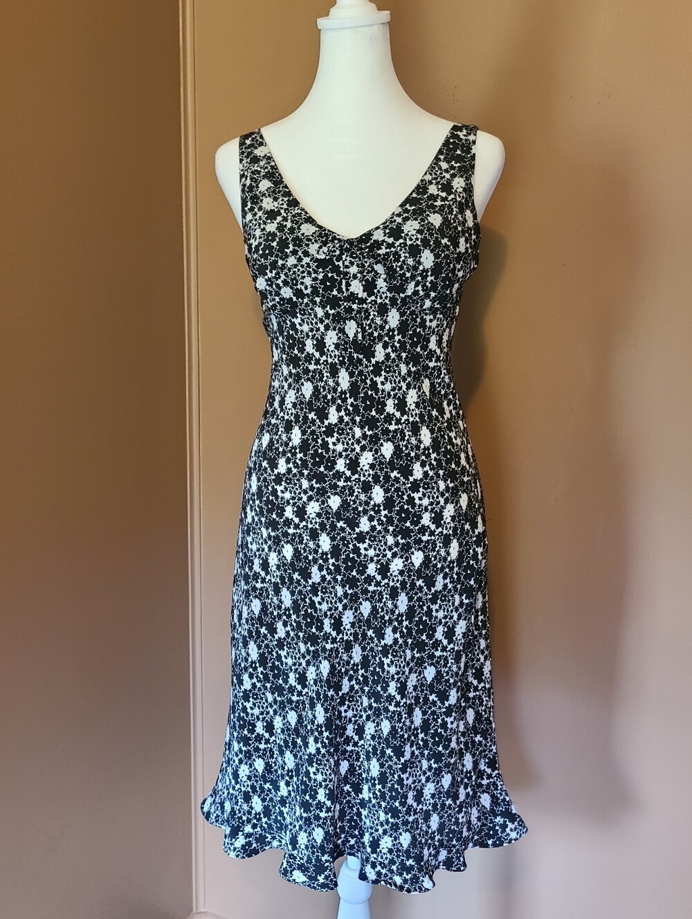 Vintage 90s Express Black White Floral Midi Slip Dress Y2K Grunge Size 6